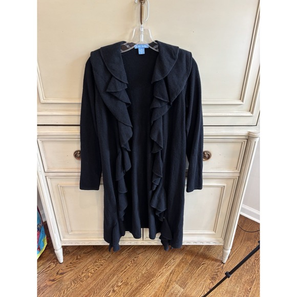 White + Warren Black Open Front Full Length Knit Cashmere Cardigan Ruffle Trim S - Picture 1 of 4